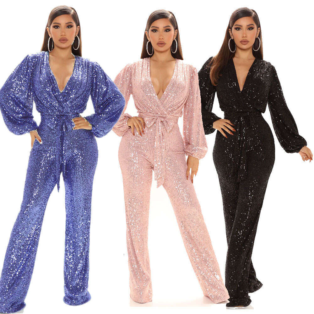 Wide Leg Jumpsuit Autumn High End Women S Sequin Deep V Neck Long Sleeved Jumpsuit