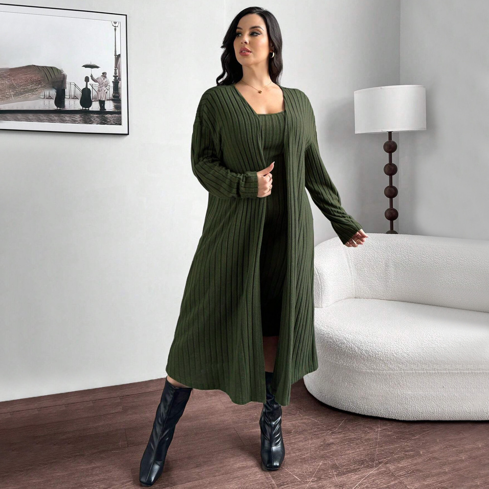 Large Size Womens Casual Fashion Set Autumn and Winter Lazy Style Jacket Suspender Dress Two-piece Set