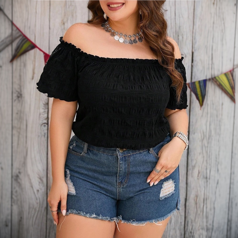 2025 Womens Sweet and Spicy Style Strapless T-shirt Summer New Item Solid Color One Neck Short Top