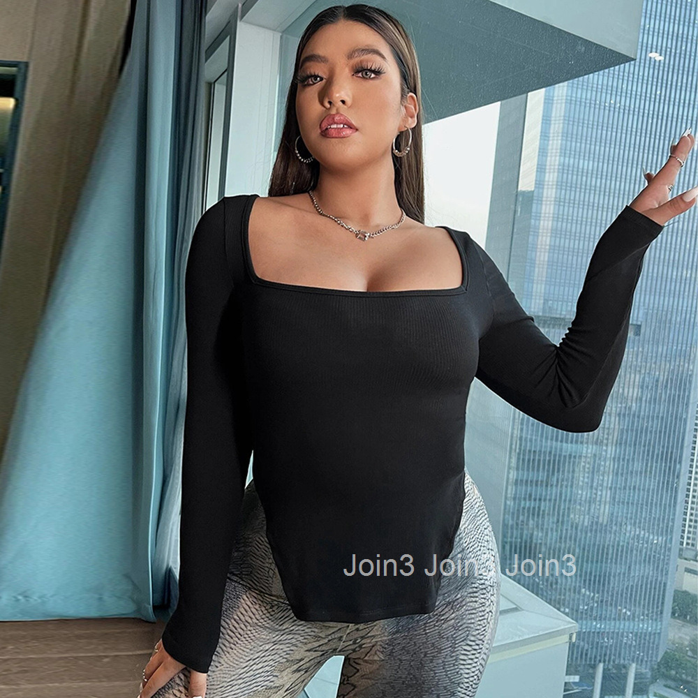 Large Size Womens Clothing Autumn and Winter New Item Slim Fit and Slimming Slit Square Neck Sexy Long Sleeved T-shirt Top