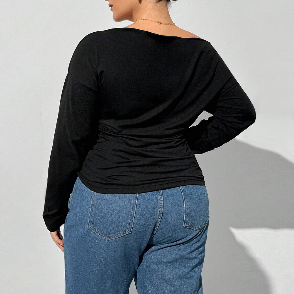 Large Size Womens Elegant One Neck T-shirt for Spring and Summer 2025 New Collection Pleated Slim Fit and Slimming Top
