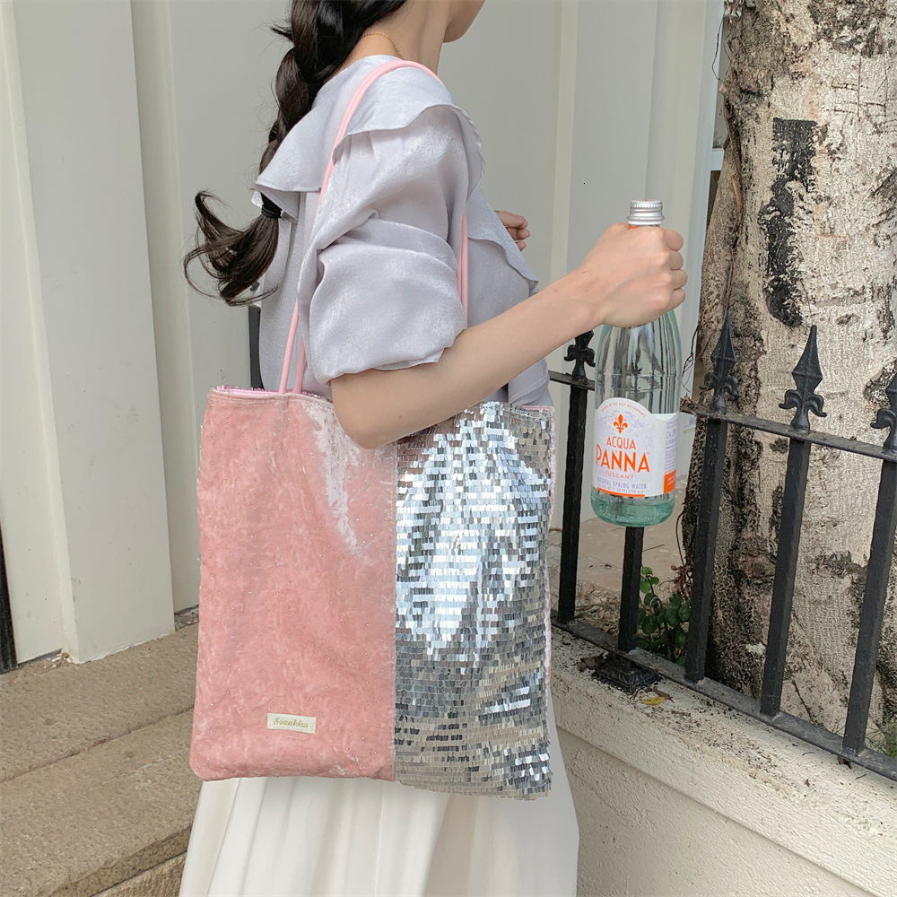 2025S designer new women trendy sparkling pink patchwork silver sequin niche large capacity commuting shoulder canvas bag handbag