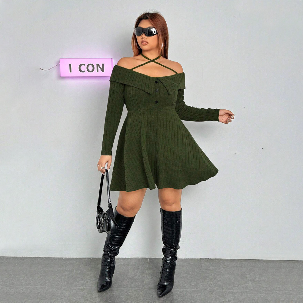 Oversized Womens Instagram Sexy Trendy Dress Autumn and Winter Hanging Neck Off Shoulder Design Short Skirt