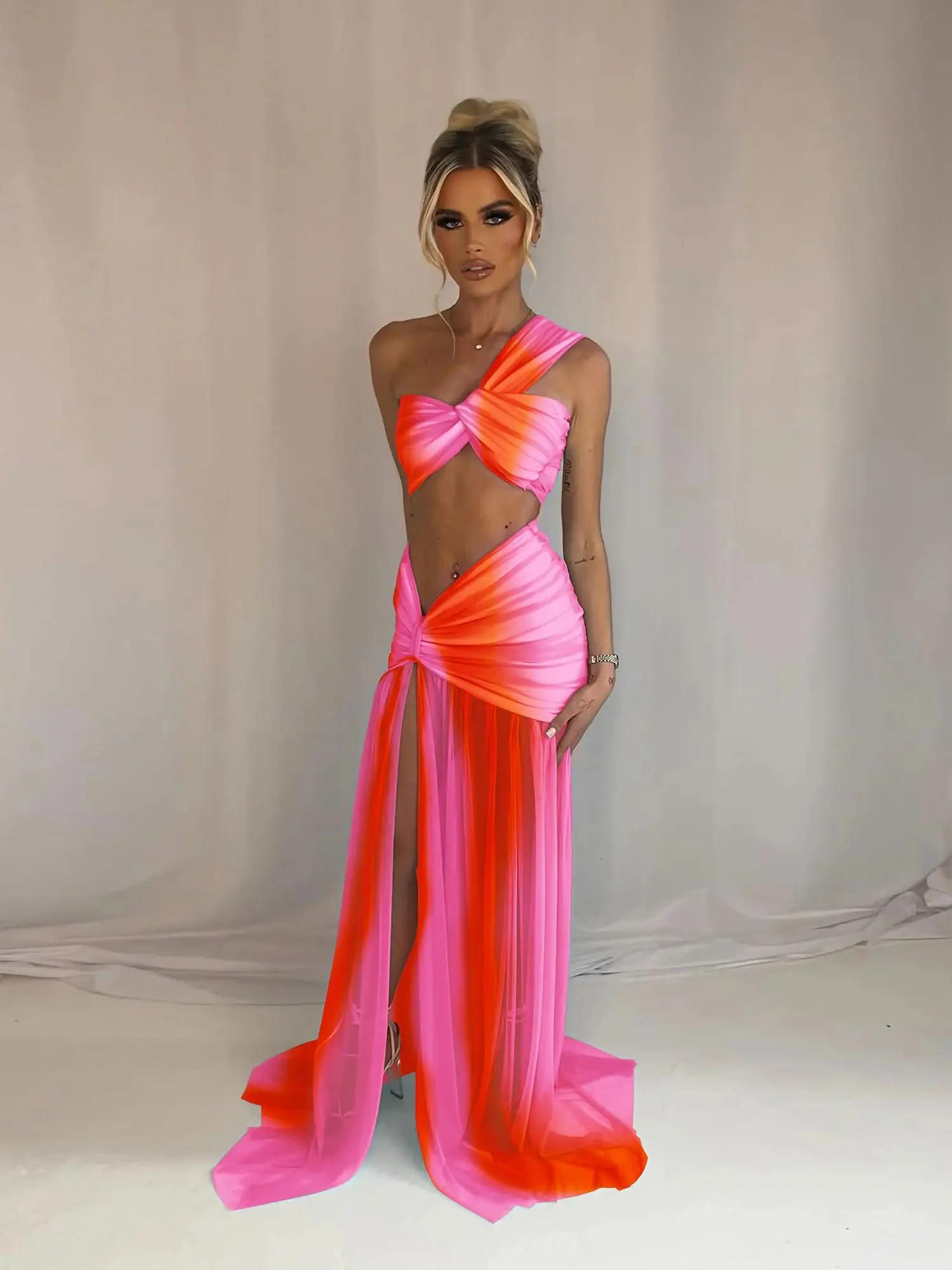 Women Two-piece Skirt Suit Bandage Top Skirt Sleeveless Sweet Waist Chic Slit Skirt Summer Mini Skirt 250515