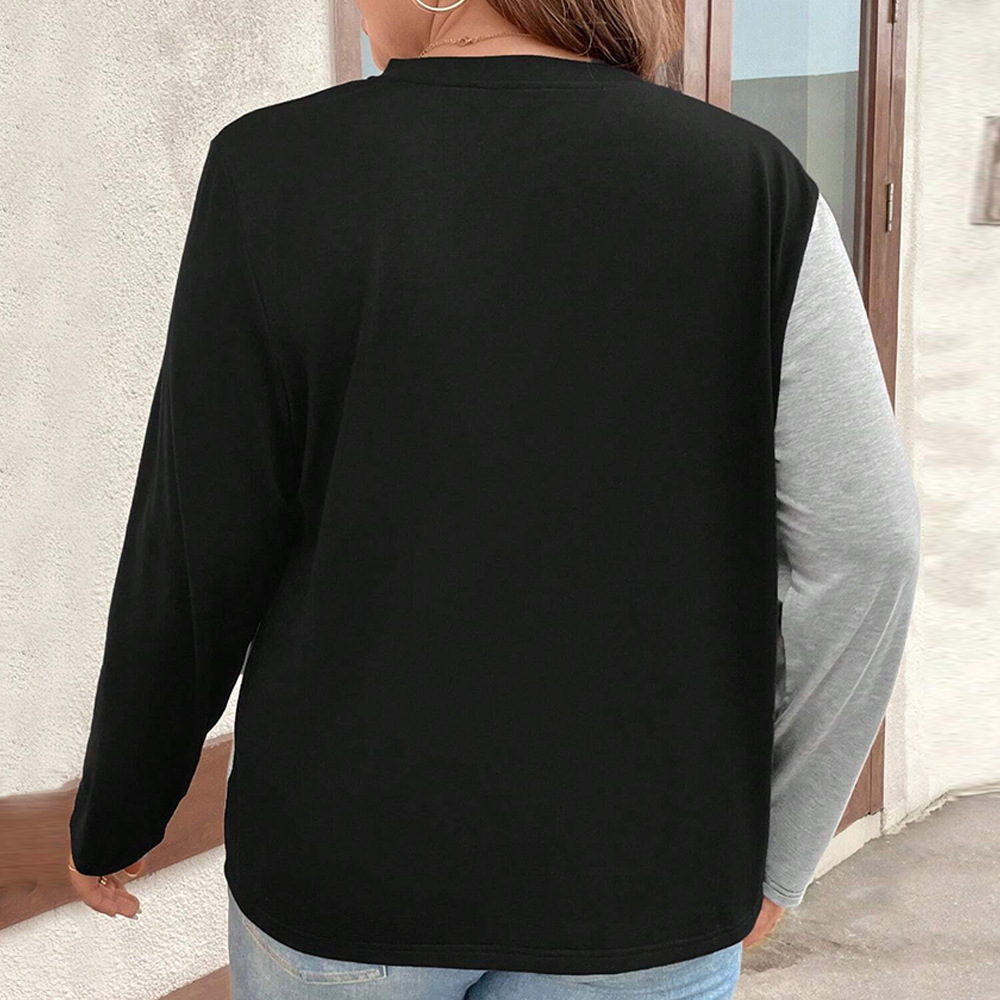 Large Size Womens Autumn and Winter New Loose Casual Patchwork Solid Color Long Sleeved T-shirt Top with Contrasting Colors