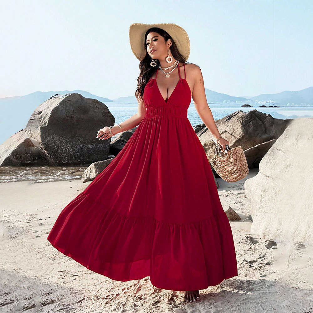 Large Size Womens Beach Resort Camisole Dress Summer V-neck Backless Beach Long Dress