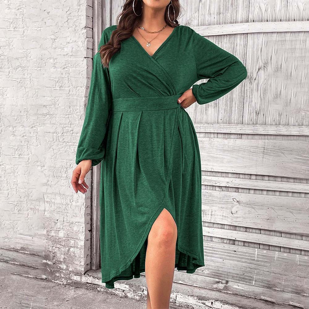 Large Size Womens Elegant Style Dress Autumn and Winter High Waisted A-line V-neck Mid Length Dress