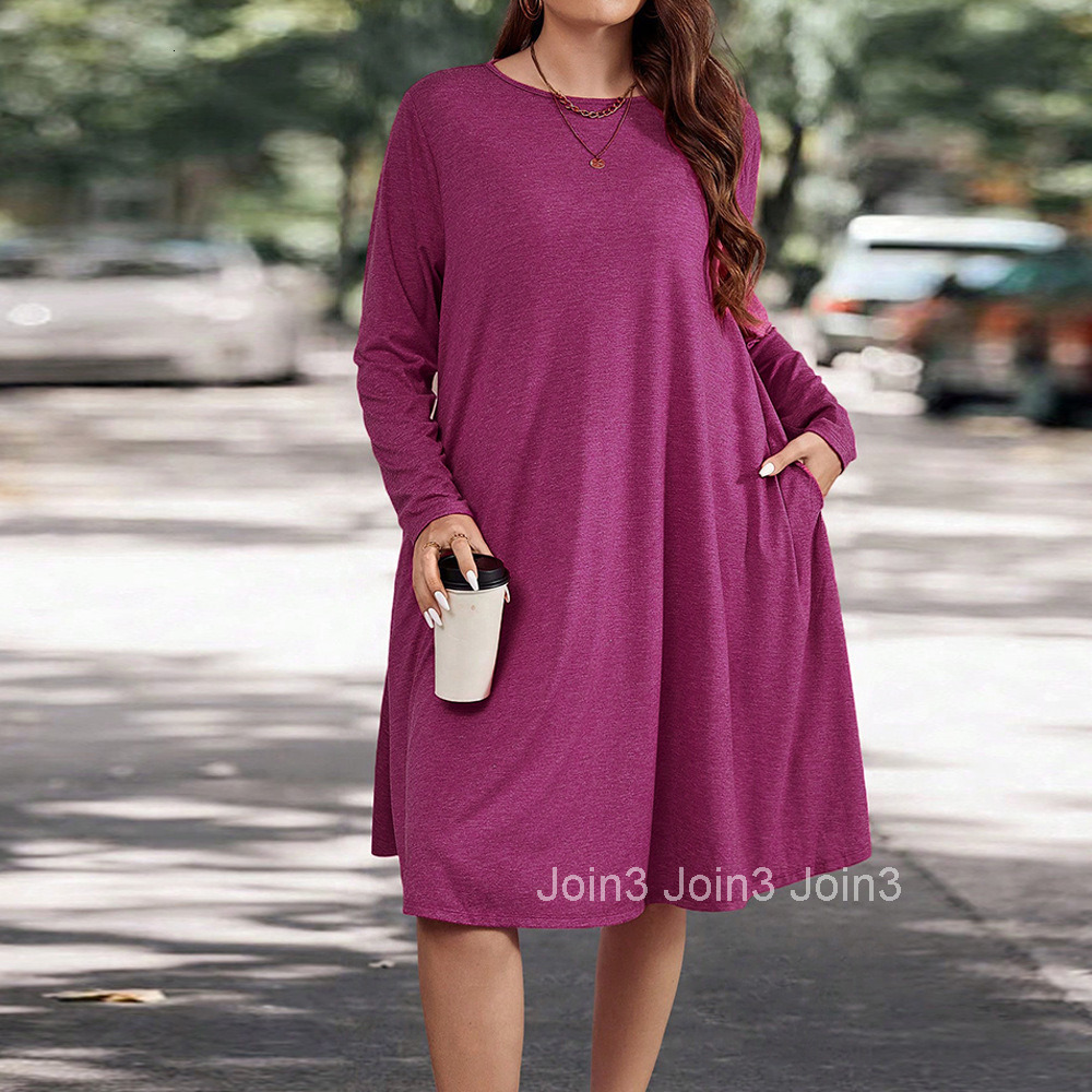 Large Size Womens Autumn and Winter Long Sleeved Round Neck Loose Casual Solid Color Pocket Dress