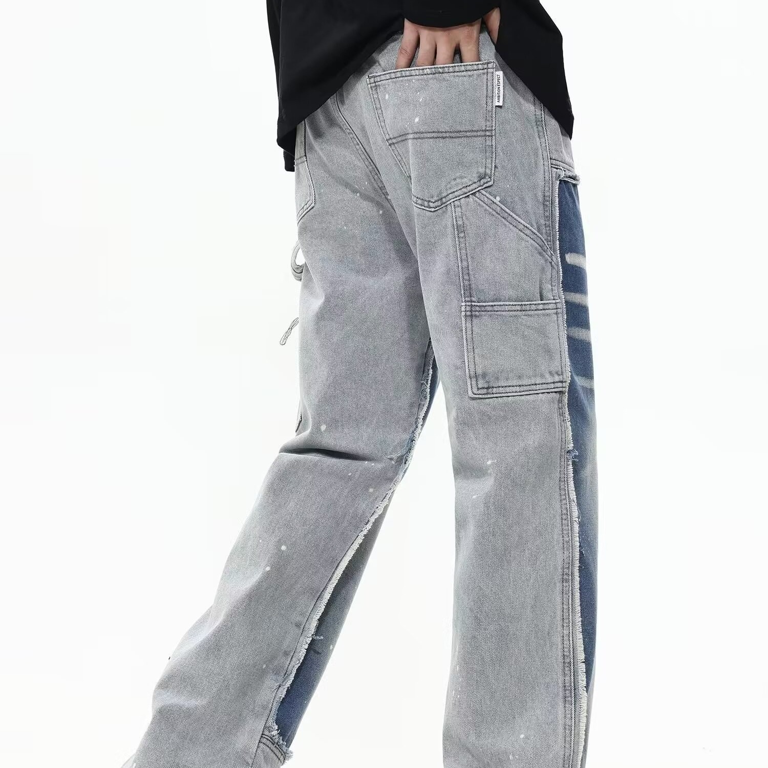 High street American retro washed patchwork splashed ink jeans men's loose straight hip hop long pants contrasting colors