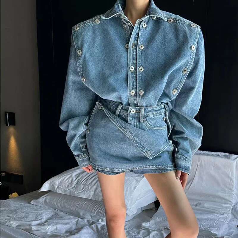 Spring Fashion Ladies 2 Pieces Long Sleeve Double Breasted Jean Jackets & Mini Shorts Skirt Vintage Women Denim Set