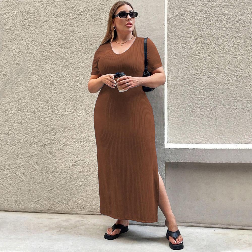 Large Size Womens Clothing New Style Temperament Waist Cinching Slit Short Sleeved Dress Hip Hugging Long Skirt