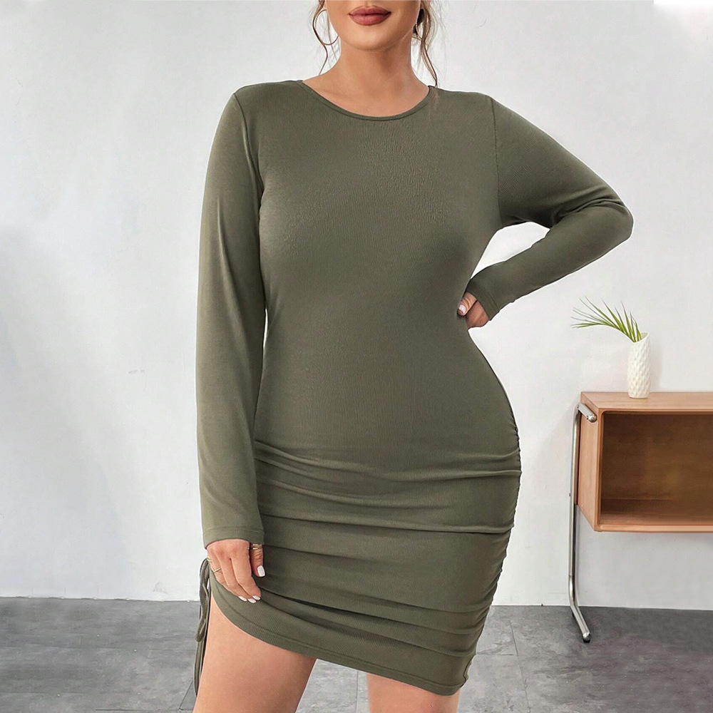 Fashionable Slim Fit Round Neck Long Sleeved Standard Size Solid Color Drawstring Side Pleated Slim Fit Irregular Dress