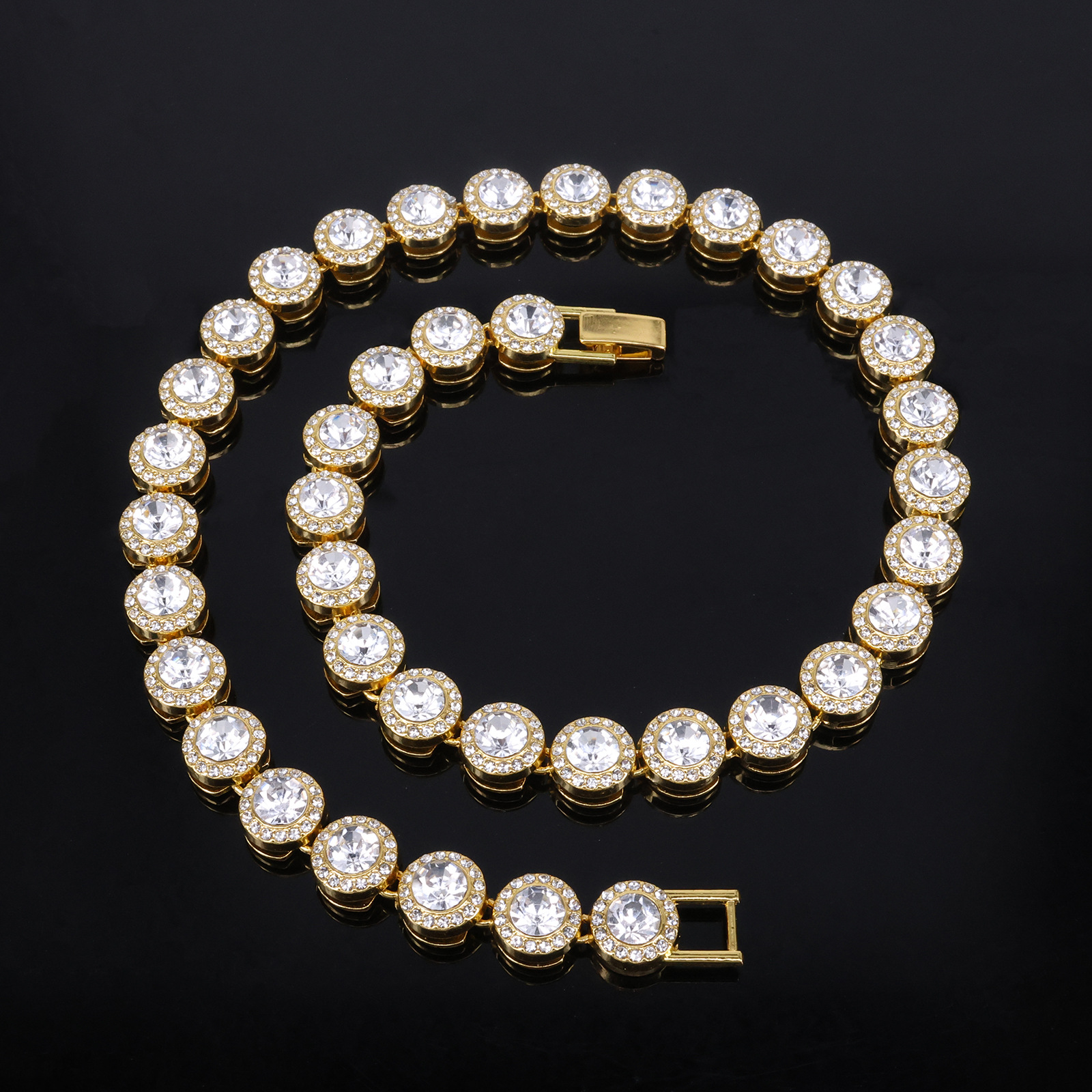 Trendy 12mm Round Rhinestone Cuban Link Necklace for Men & Women, Hip-Hop Style, Gold-Plated with Large Diamonds