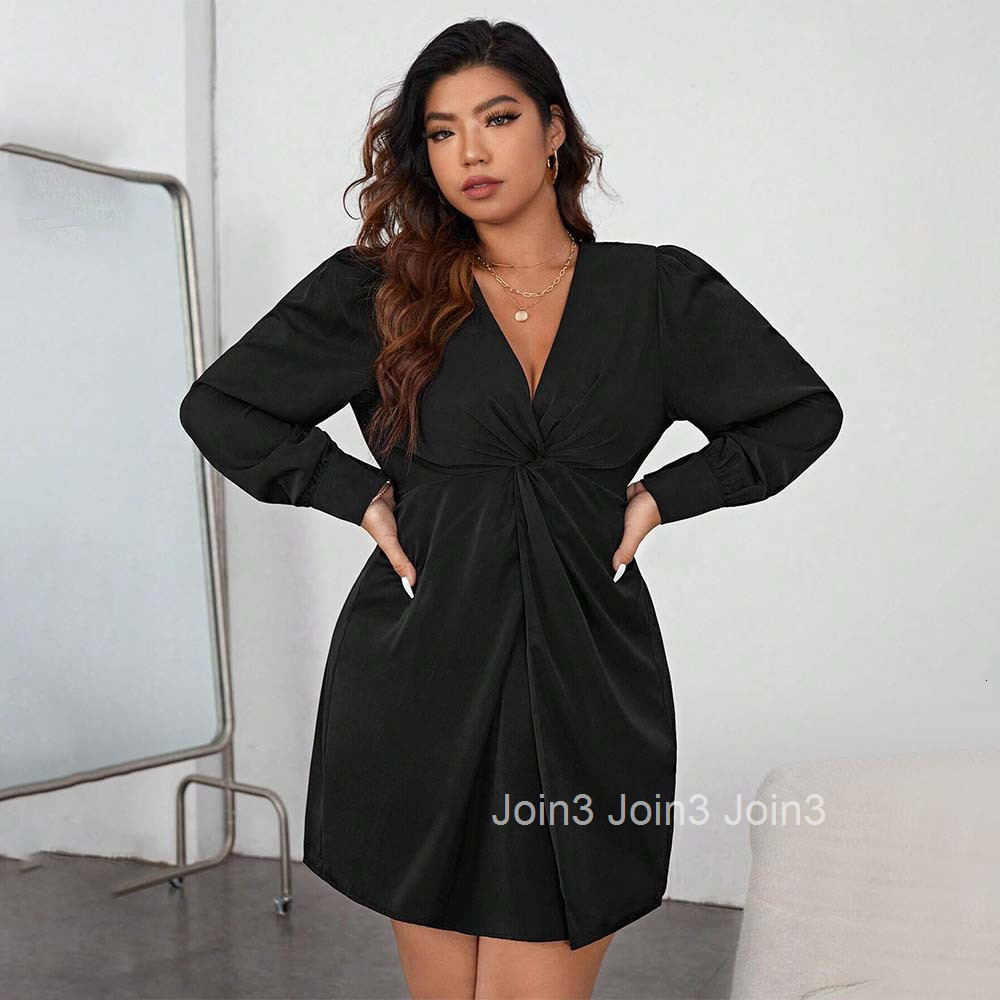 Plus Size Womens Elegant V-neck Dress Autumn and Winter High-end Fashion Temperament Short Skirt
