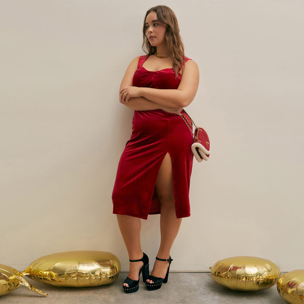 Large Size Womens Autumn and Winter Slim Fit Slit Hip Hugging Temperament Solid Color Velvet Suspender Dress