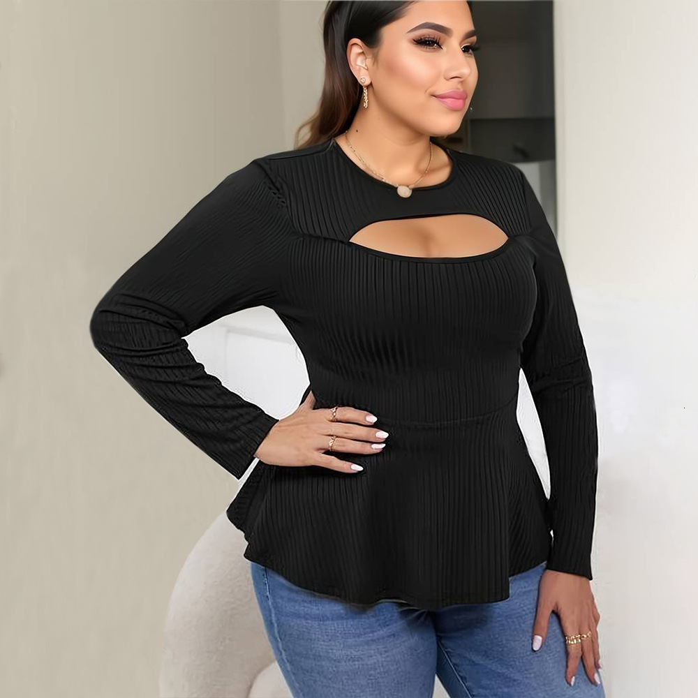 Autumn and Winter Plus Size Womens Round Neck Long Sleeved T-shirt Elegant Commuting Style Slim Fit Solid Color Waist Cinching Top