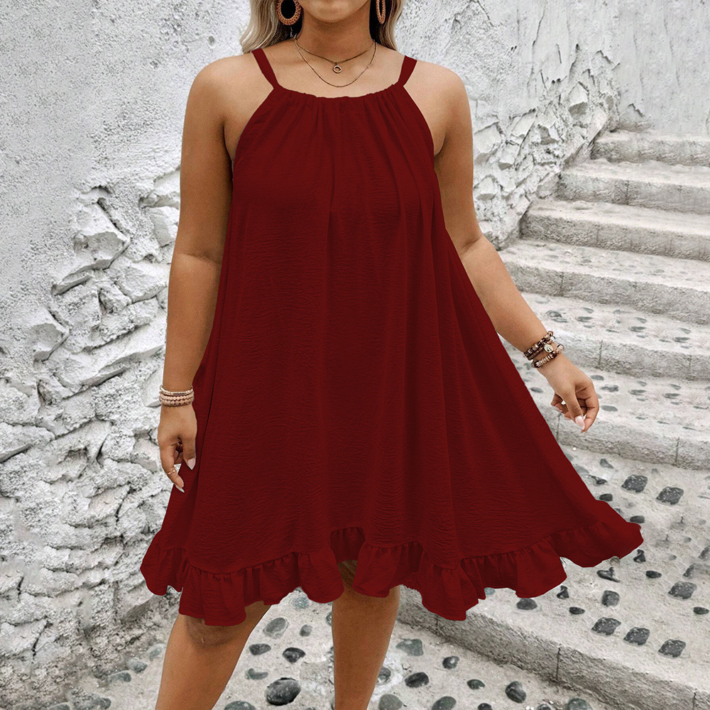 Large Size Womens Solid Color Sun Skirt Summer New Style Loose and Large Pleated Sexy Jumpsuit