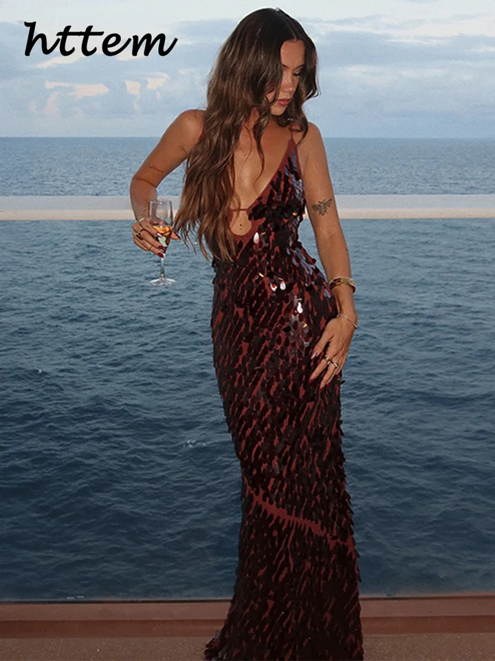 Sexy Hollow Out Sequined Long Party Dress Women V-neck Sleeveless Backless Sling Dresses 2025 Summer Lady Beach Holiday Robes 250515