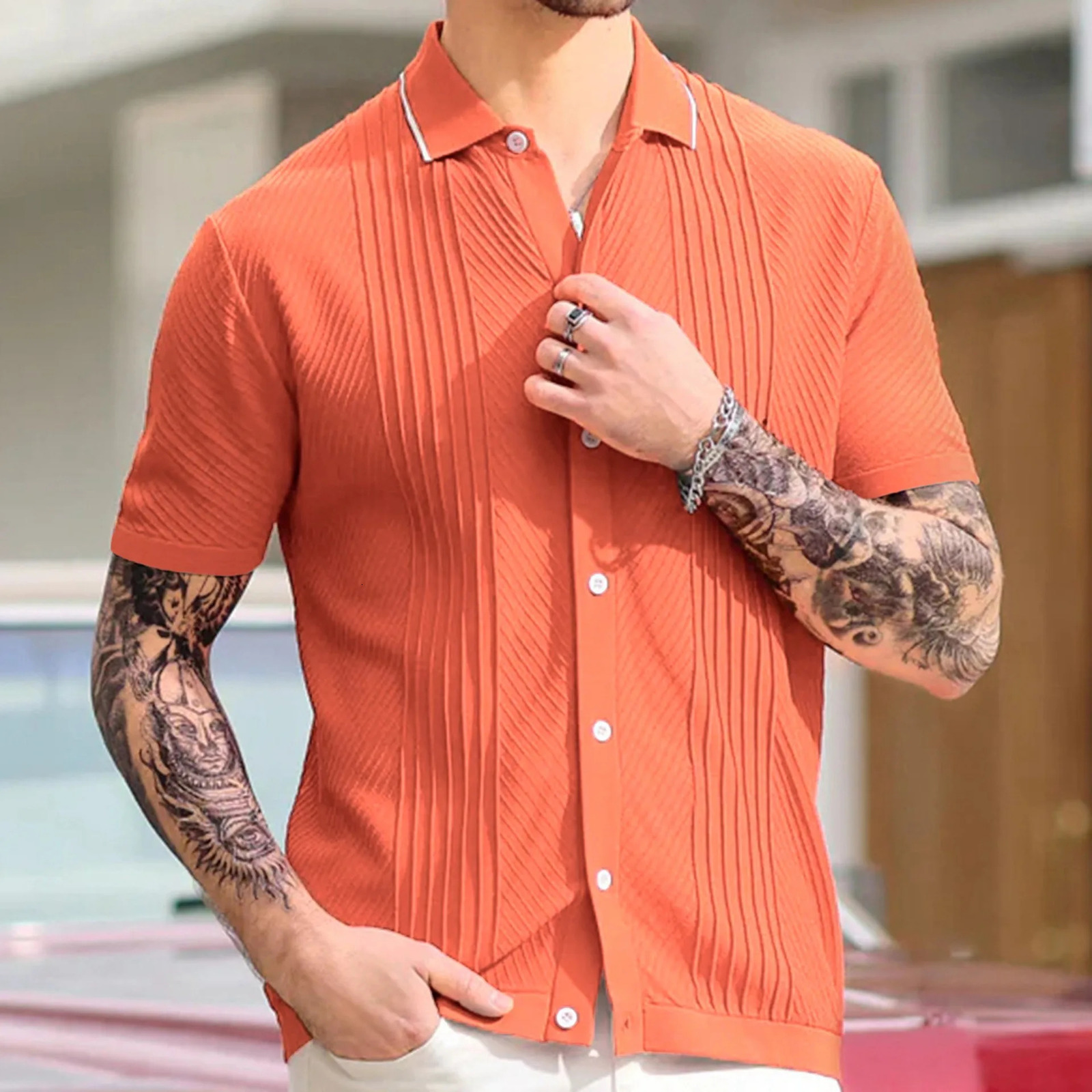 Mens Clothing Knit Short Sleeve Polo Shirt Casual Streetwear Lapel Button Down Cardigan Breathable Tops Summer Knitwear 250515