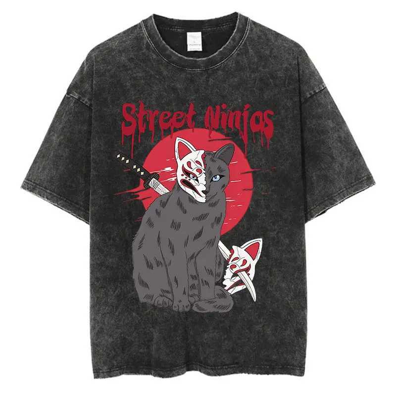 Animal Cat Print Vintage Washed Tshirt Harajuku Streetwear Graphic Y2K T-Shirt Summer Short Sleeve 100% Cotton Hip Hop Tshirt X250516