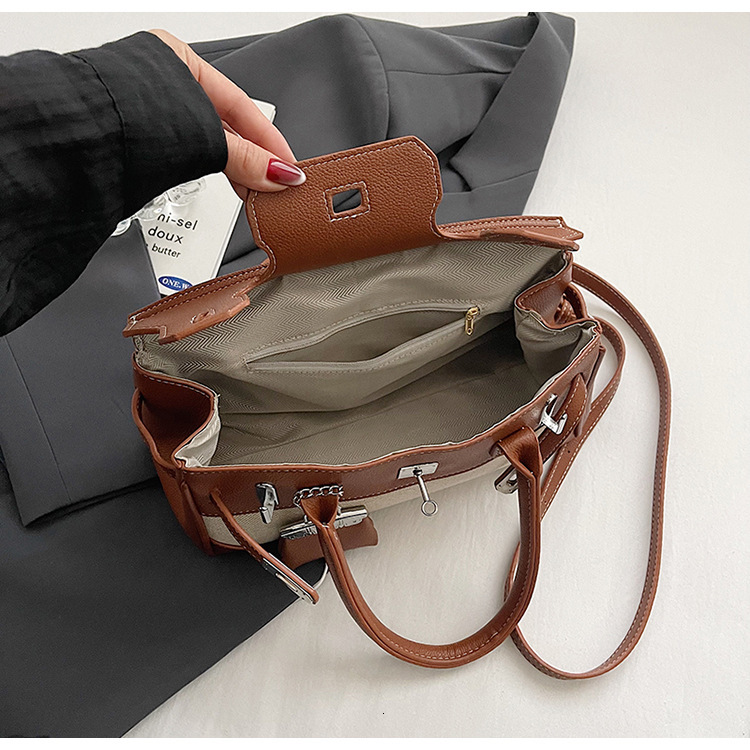 2025 Women's Splicing Color Contrasting Handbag Designer's New Fashionable Linen Cross Shoulder Strap Buckle Crossbody Bag Large Capacity Fr