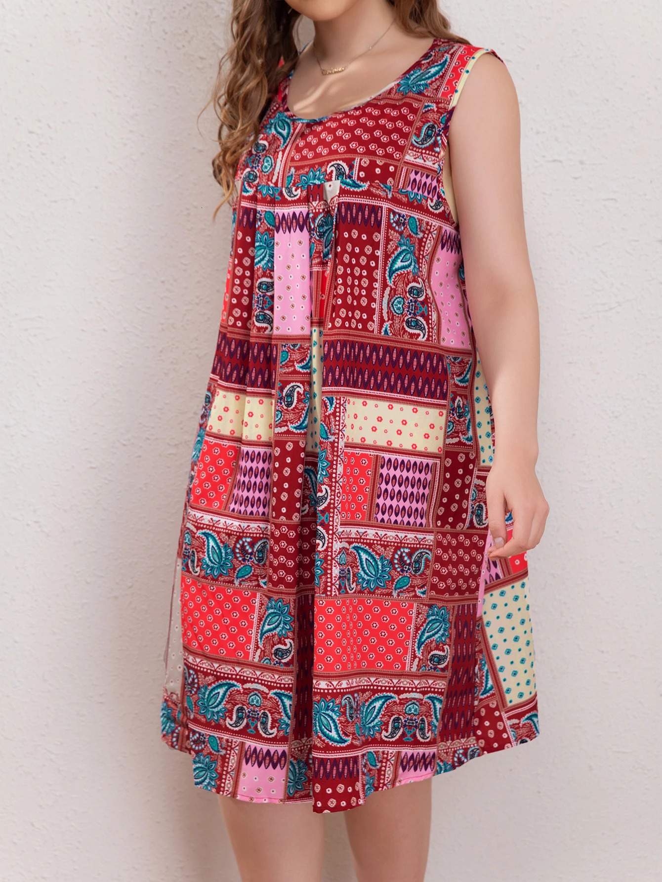 Plus size womens springsummer retro elegant polyester fiber seamless splicing printed fashionable and comfortable dress 250506