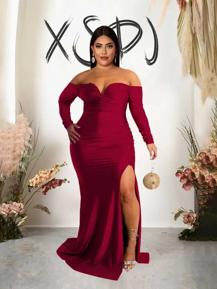 Women Elegant Off The Shoulder Dress Strapless Long Sleeve Evening Party Dress Spring Plus Size Female Side Slit Dress Elegant 250515