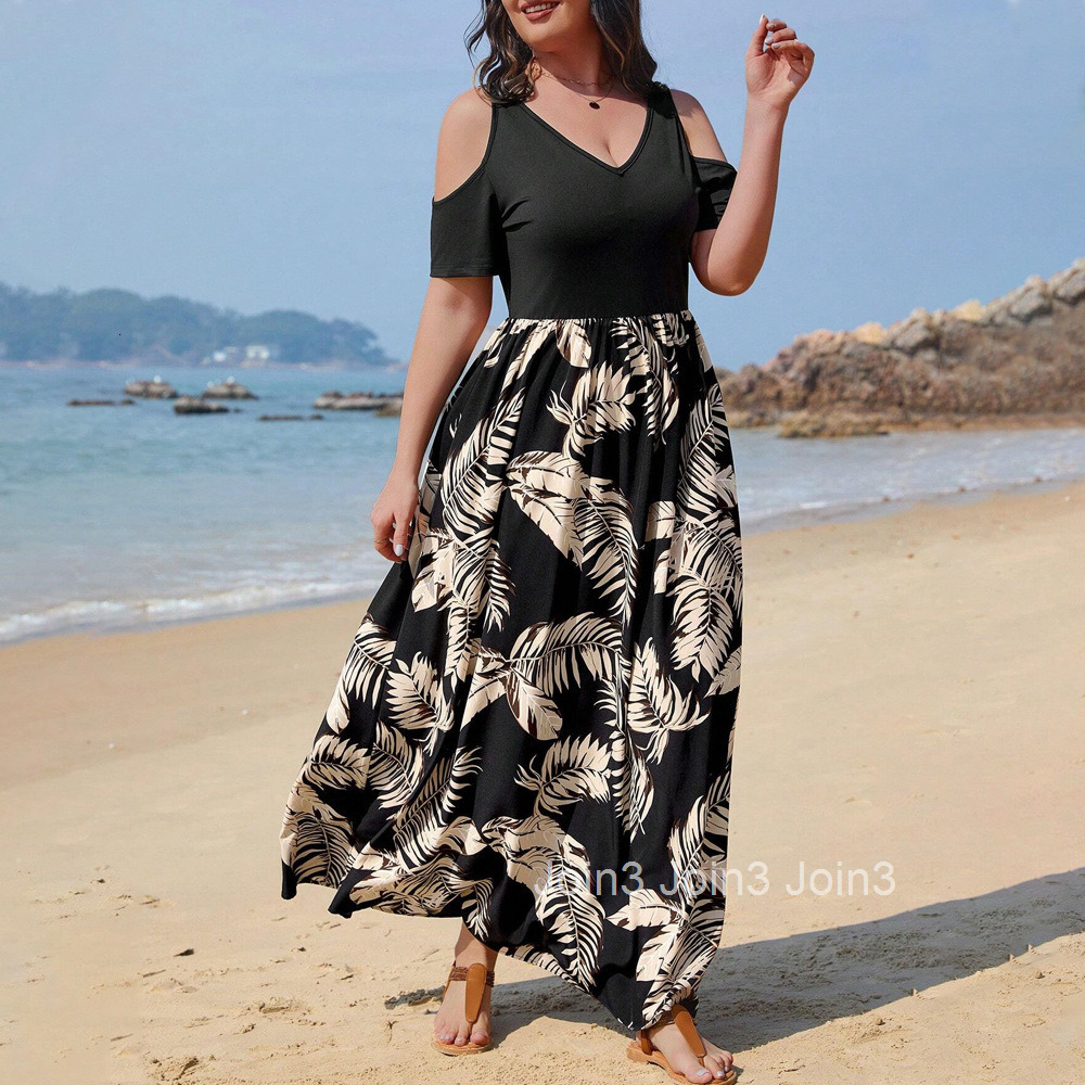 Large Womens French Design Feeling Off the Shoulder Beach Vacation Style Fragmented Flower V-neck Dress for Women