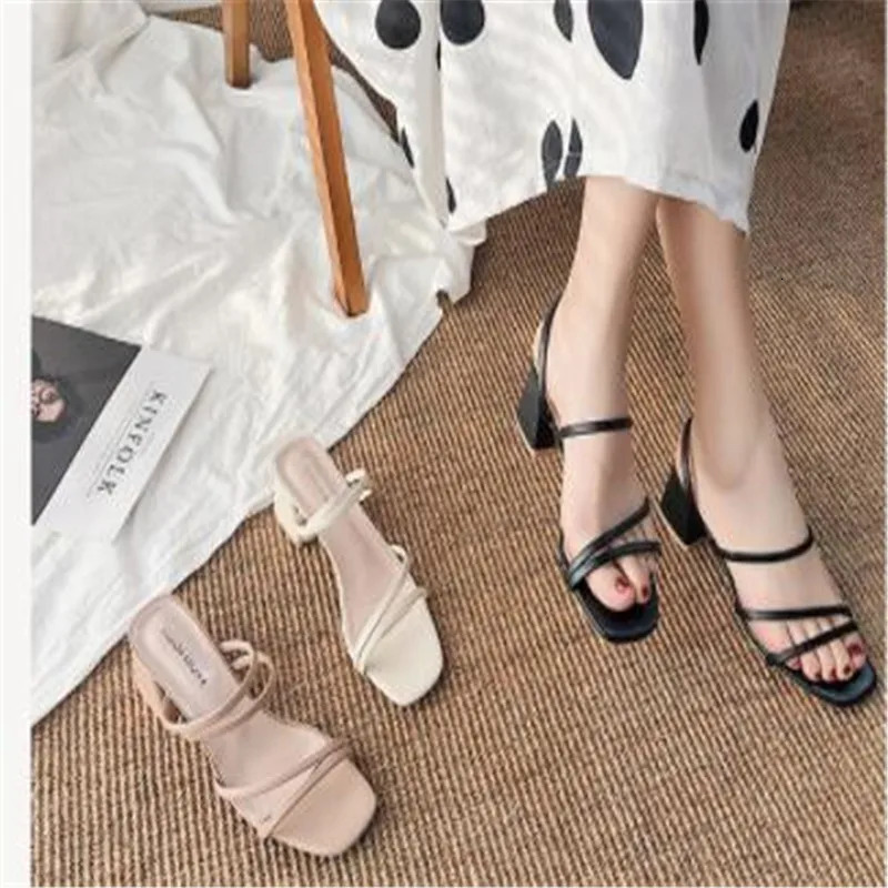 Women Sandals Ladies Square Heels Elegant Summer Slippers Outside Cross Tied Leather Female Slides Fashion Woman Sandals 250614