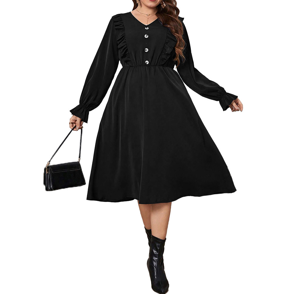 Large Size Womens New Collection with Waist Cinching and Large Skirt V-neck and Bubble Sleeves Stylish Dress