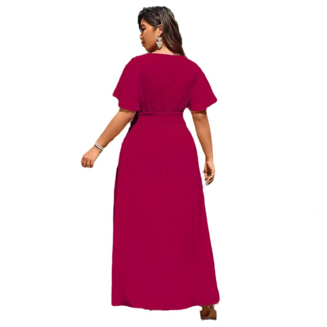 Plus Size Womens V-neck Dress Summer New Style Slim Fit Leisure Vacation Beach Mid Length Skirt