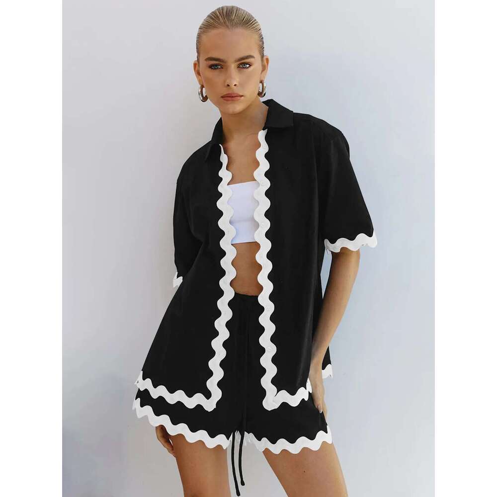Contrast Trim Shorts Two Piece Set Drap Shoulder High Low Hem Short Sleeve Button Down Shirt Matching Sets