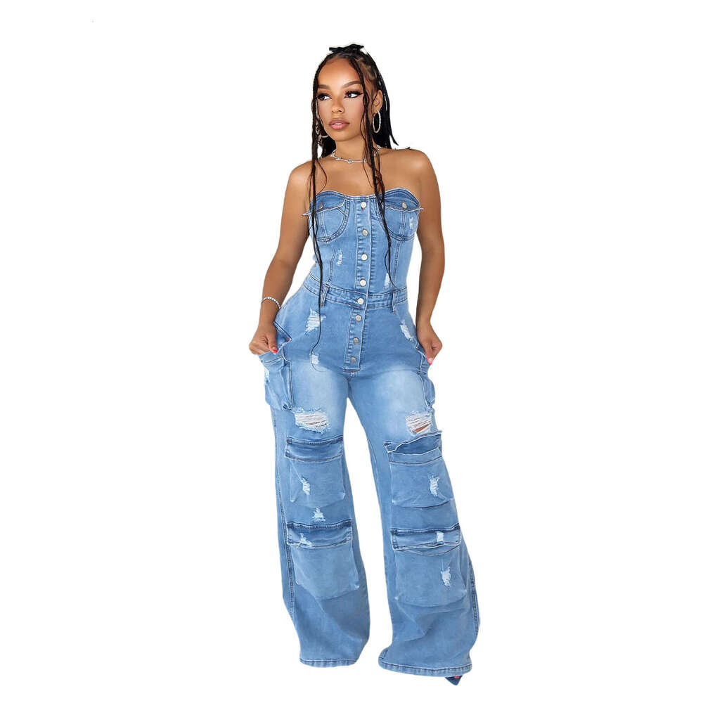 Wide Leg Jumpsuit New Casual And Fashionable Strapless Women S Slim Fit Denim Jumpsuit Work Pants