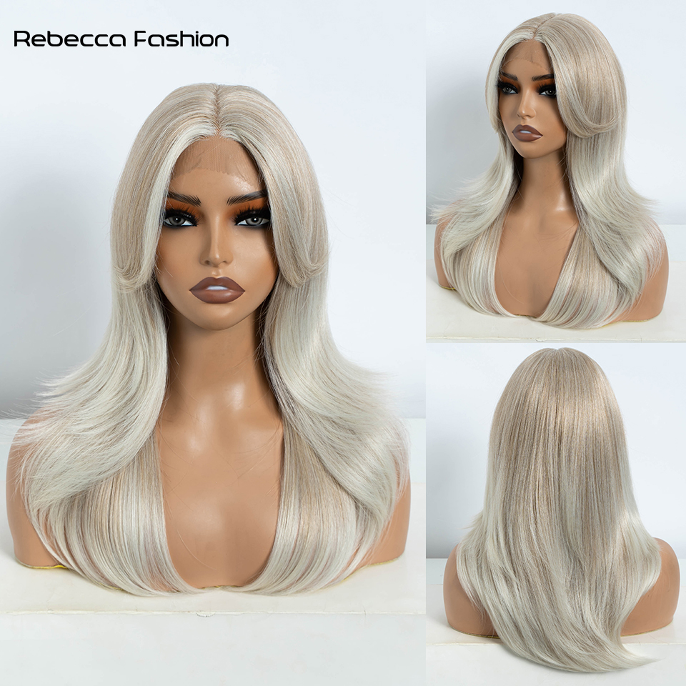 Rebecca Fashion Synthetic Straight Ombre Blonde 20 Inch Brown Lace Front Wig For Women Heat Resistant Wig Cosplay Wigs