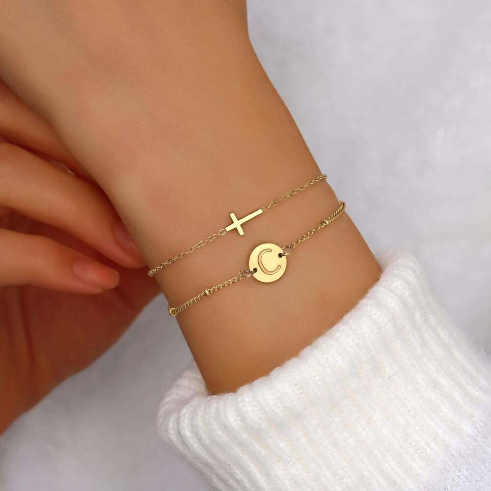 Valentine's Day Exquisite Gold Plated Layered Beaded Initial Plate Letter Faith Cross Bracelet Christian Women's Religious Jewelry Gift
