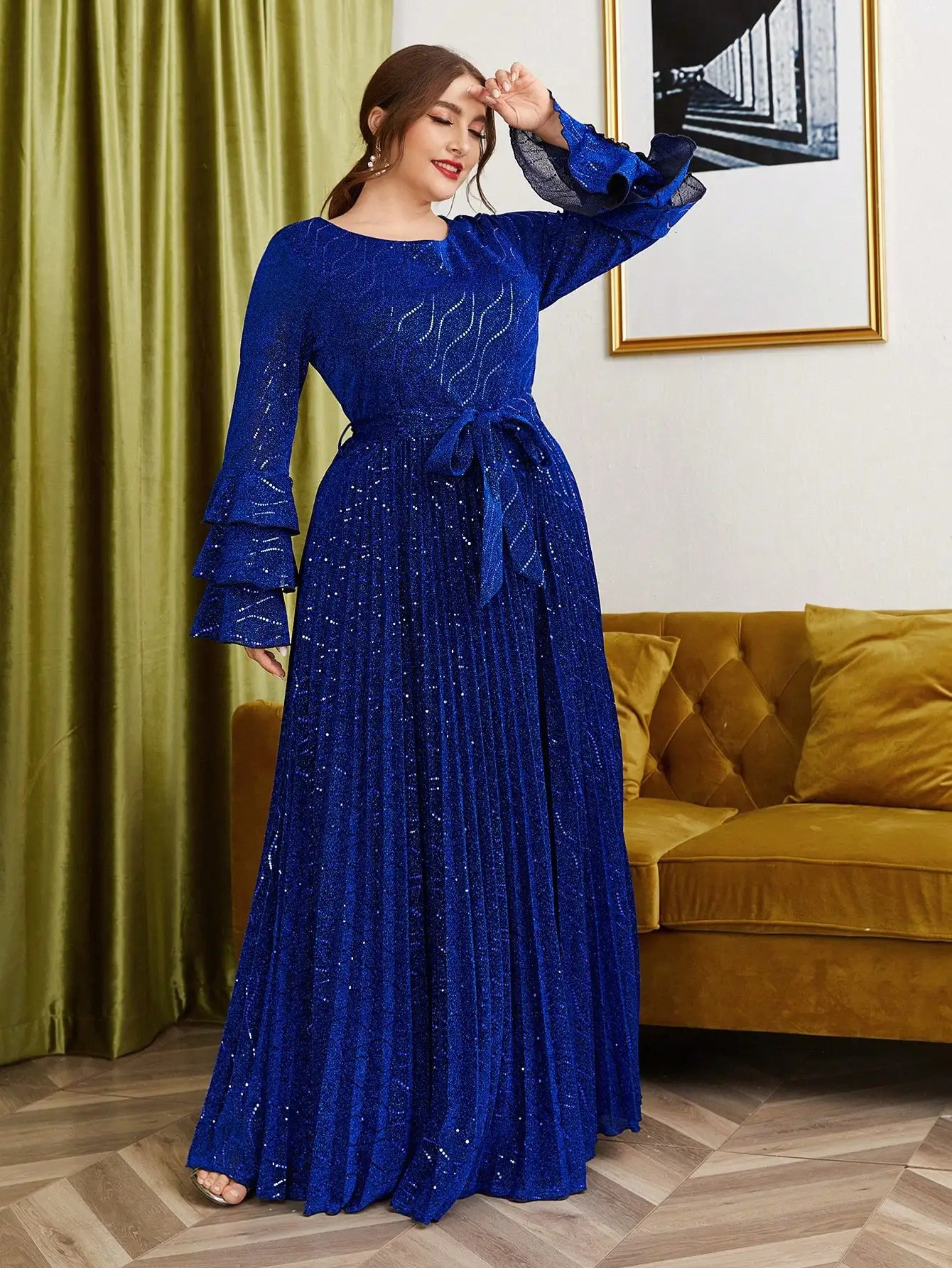 Mgiacy plus size round neck multilayer lotus long sleeved sun folding evening gown dance 250506