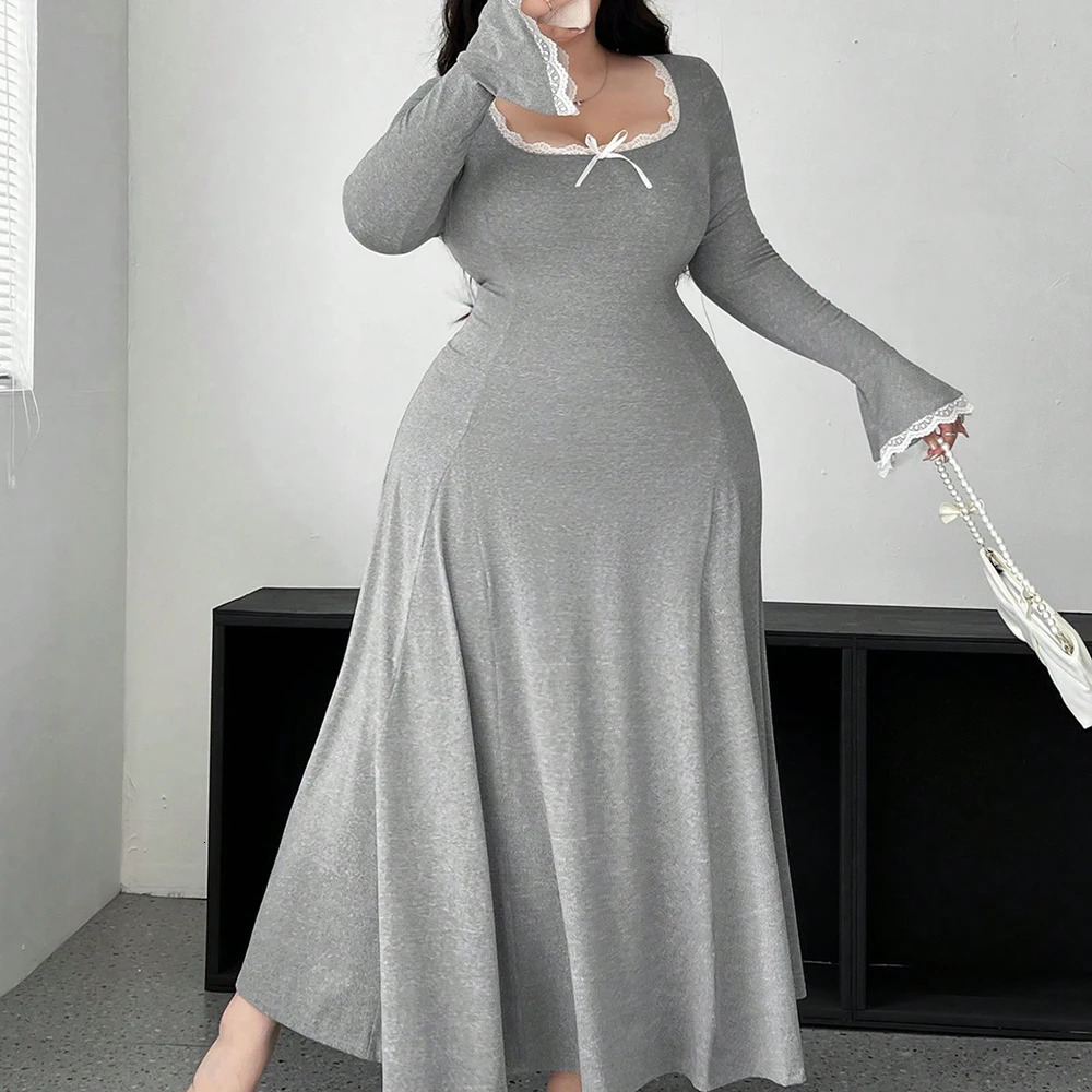 Plus Size Womens Fit Knit Dress U Neck Solid Colour Long Sleeve Casual Elegant Long Dress Polyester Material 250515
