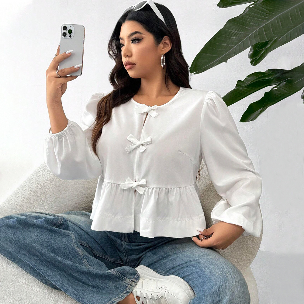 Plus Size Womens Gentle Solid Color T-shirt Autumn and Winter Bubble Sleeve Bow Cardigan Top