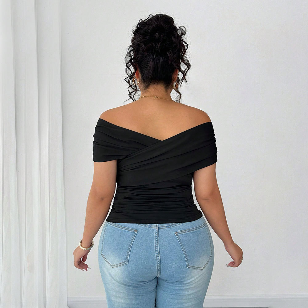 2025 Plus Size Womens Fashion Intellectual Style One Neck T-shirt Summer Off Shoulder Top