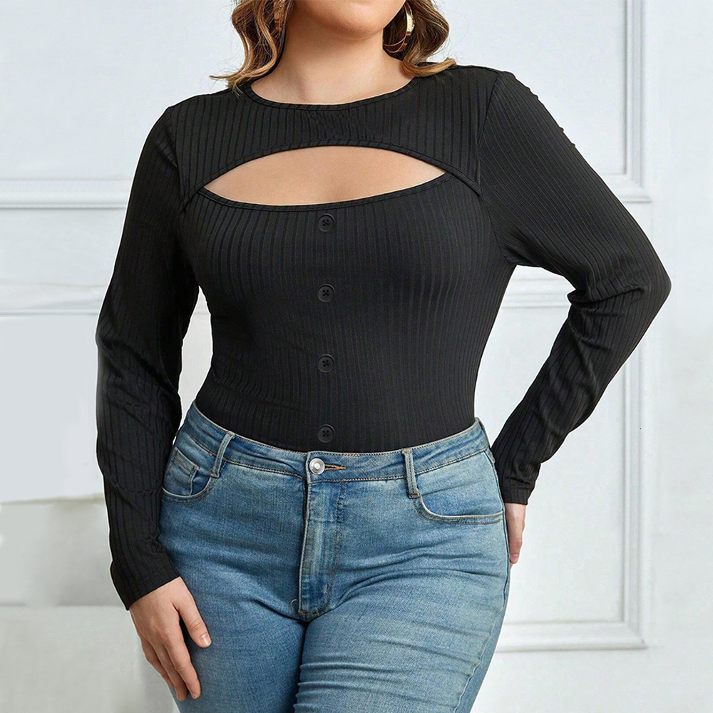 Large Size Womens Clothing Autumn and Winter New Item Slim Fit Round Neck Sexy Hollow Out Long Sleeved T-shirt Versatile Top