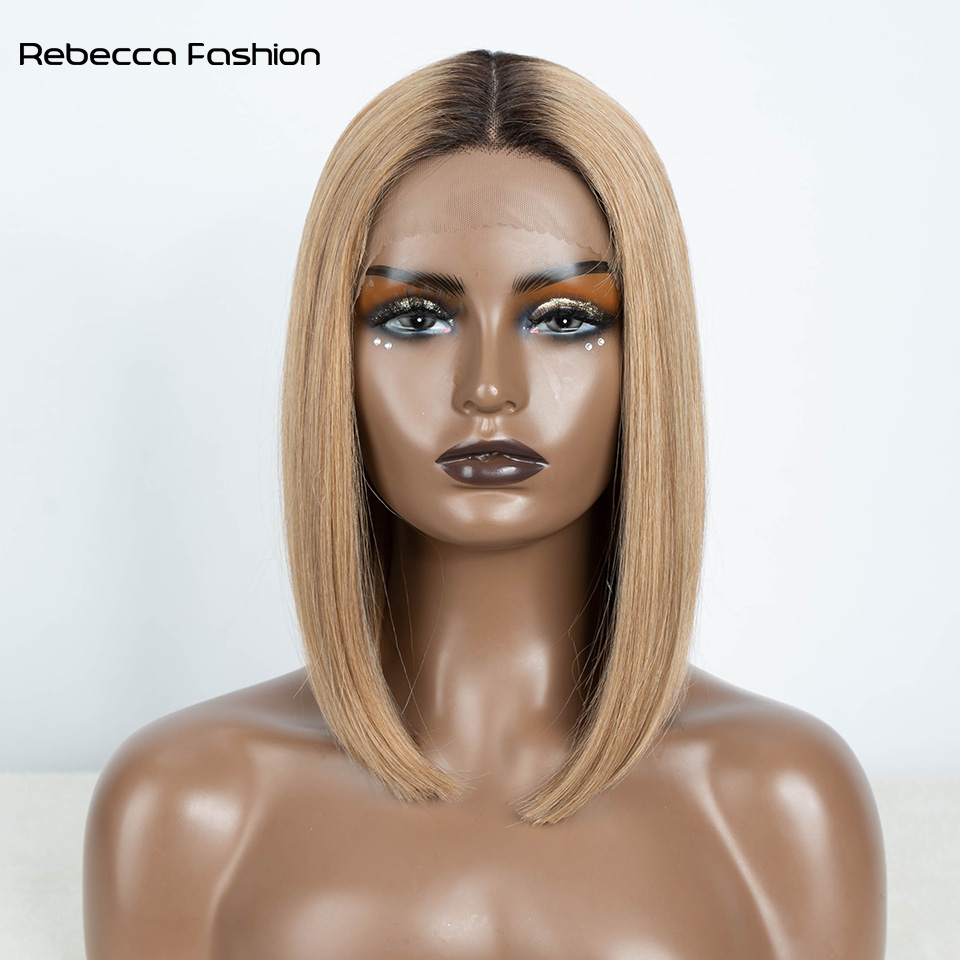 Rebecca Fashion Synthetic Front Straight Short Bob 12 Inch Ombre Blonde Colorful For Women Cosplay Wigs Middle Part Lace Wig