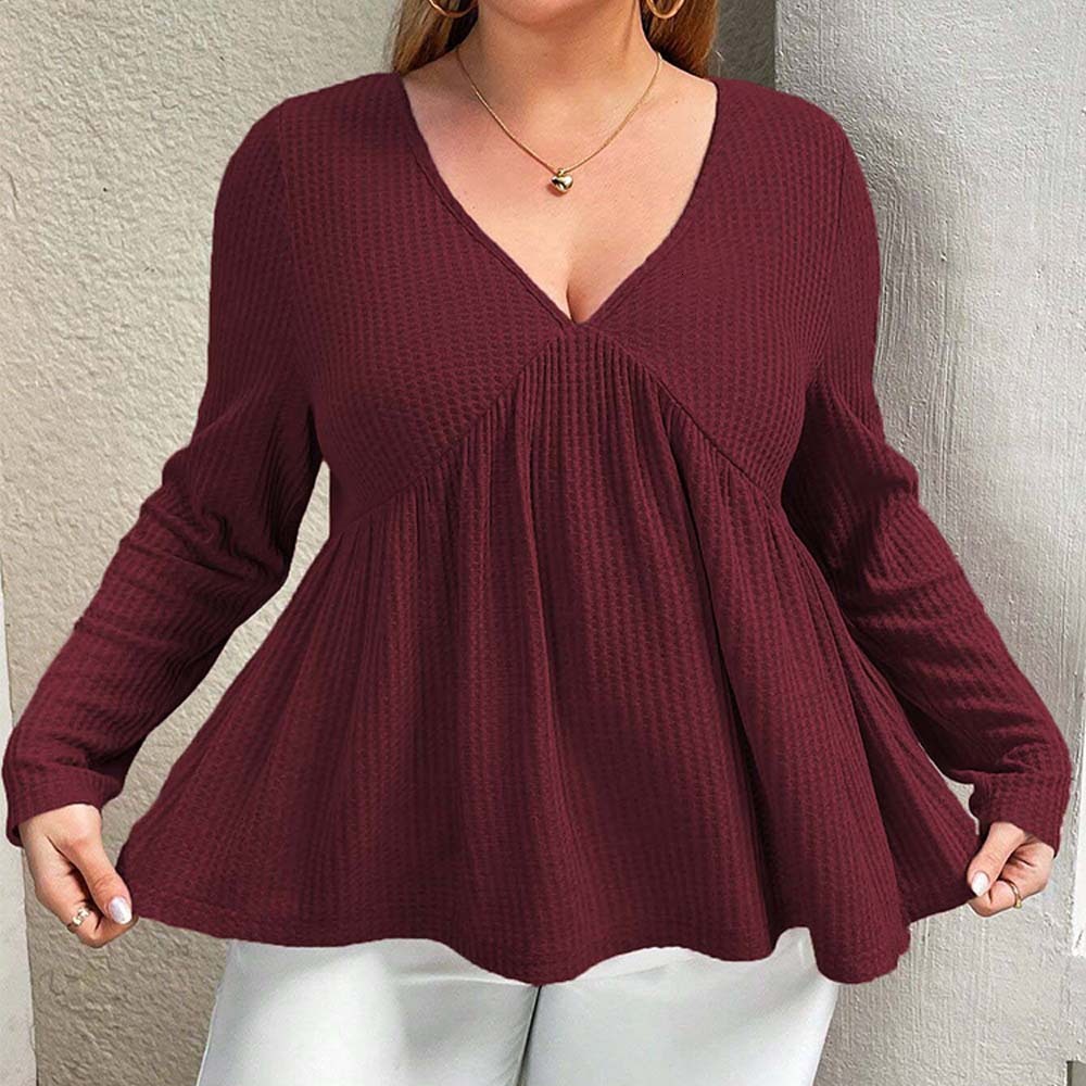Plus Size Womens V-neck Wine Red T-shirt Autumn and Winter Casual Simple and Versatile Design Top