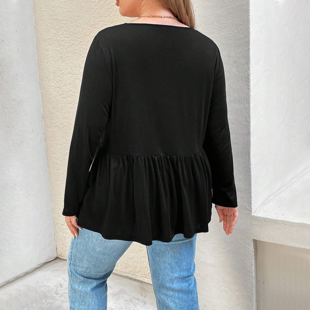 Plus Size Womens Simple Casual Style T-shirt Autumn and Winter V-neck Slim Fit Solid Color Long Sleeved Base Top for Women