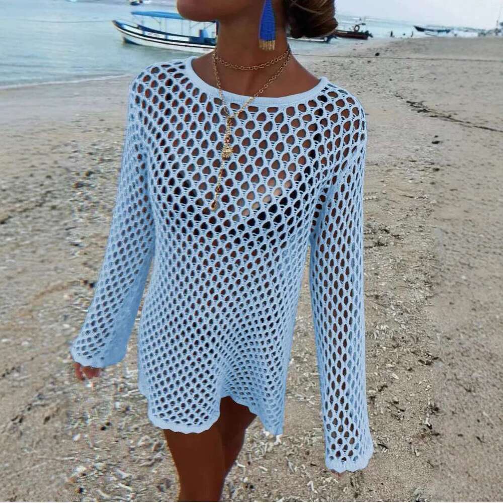 DRC Female Sheer Loose Beach Holiday Mini Dresses Sexy Hollow Out Knit Dress Women Summer Splice Knitwear Cover Up