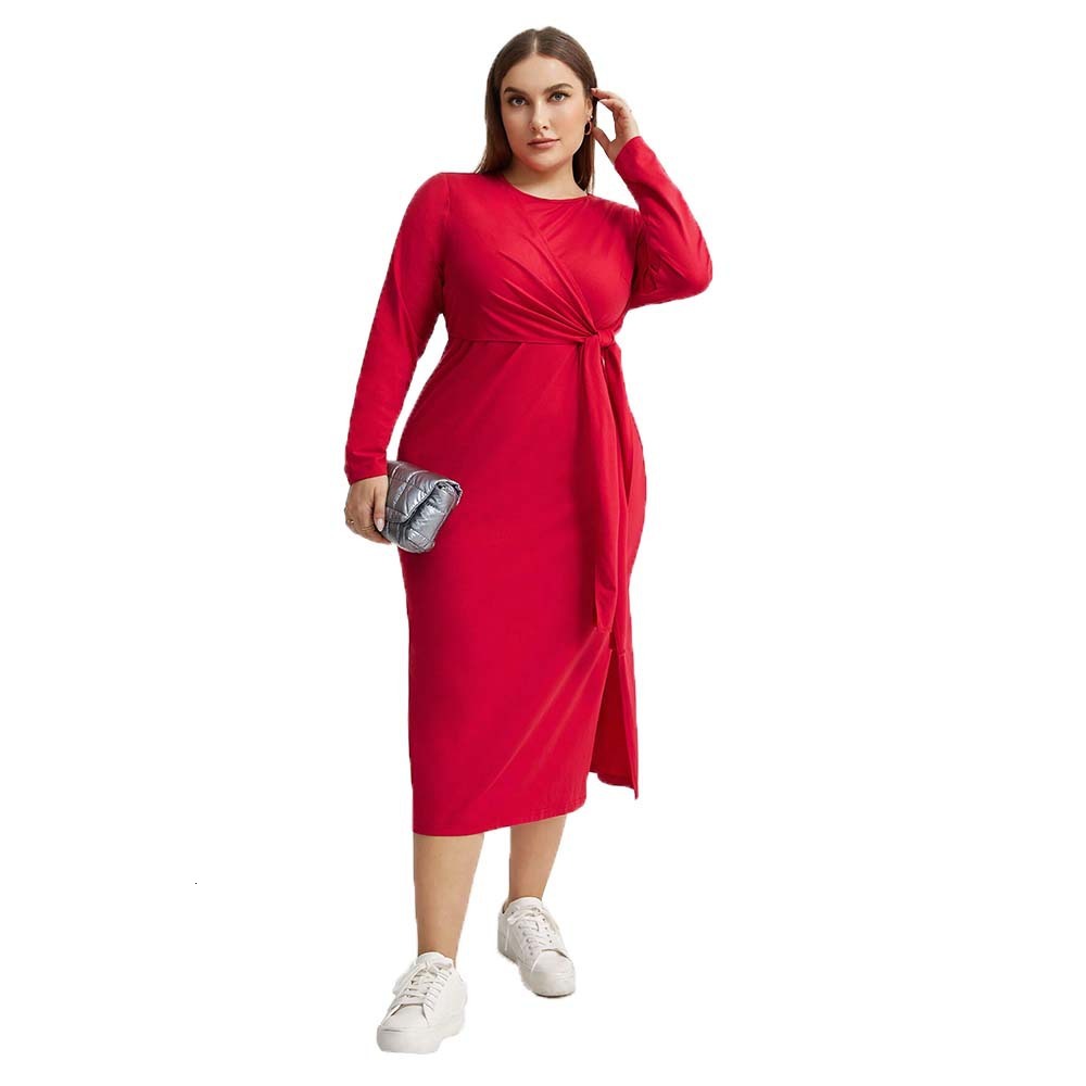 Plus Size Womens Elegant Style Autumn and Winter High Waisted Lace Up Hip Hugging Long Skirt Long Sleeved Dress