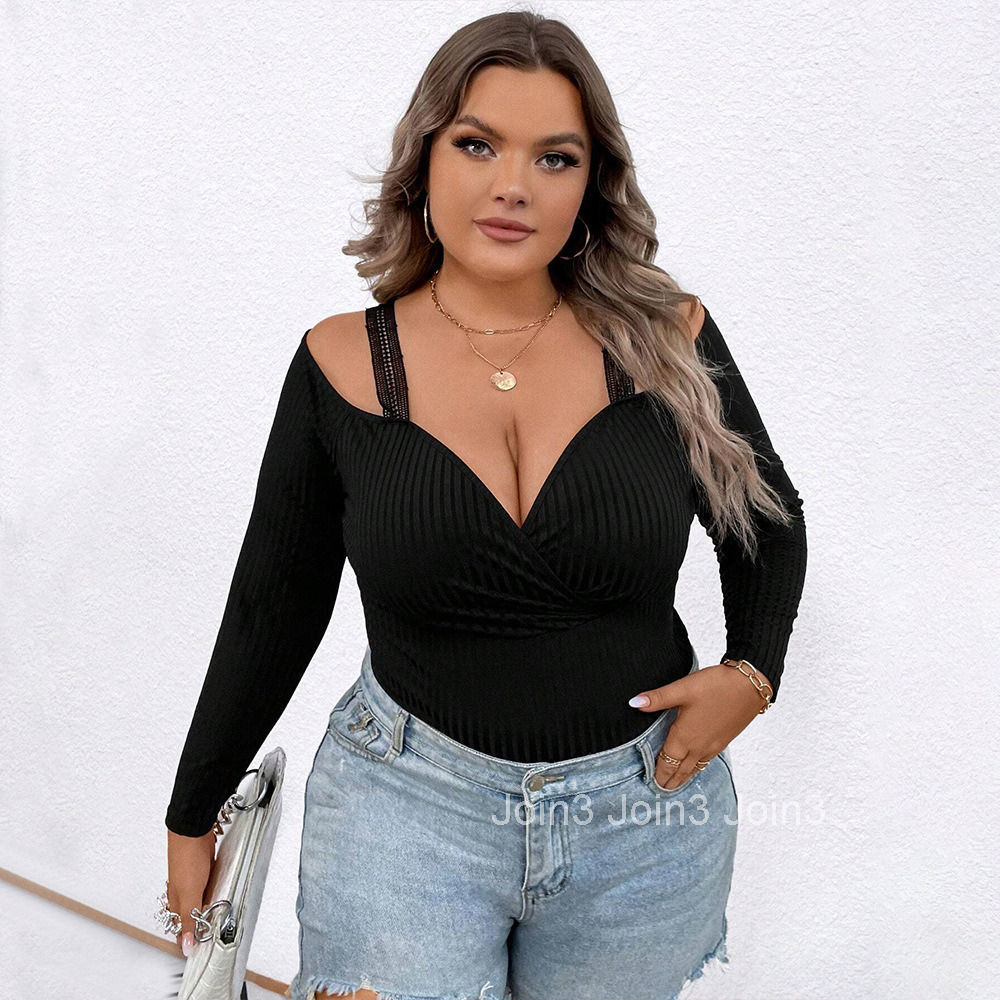 Plus Size Womens Simple and Sexy T-shirt Autumn and Winter Slim Fit and Slimming V-neck Suspender Long Sleeved Top