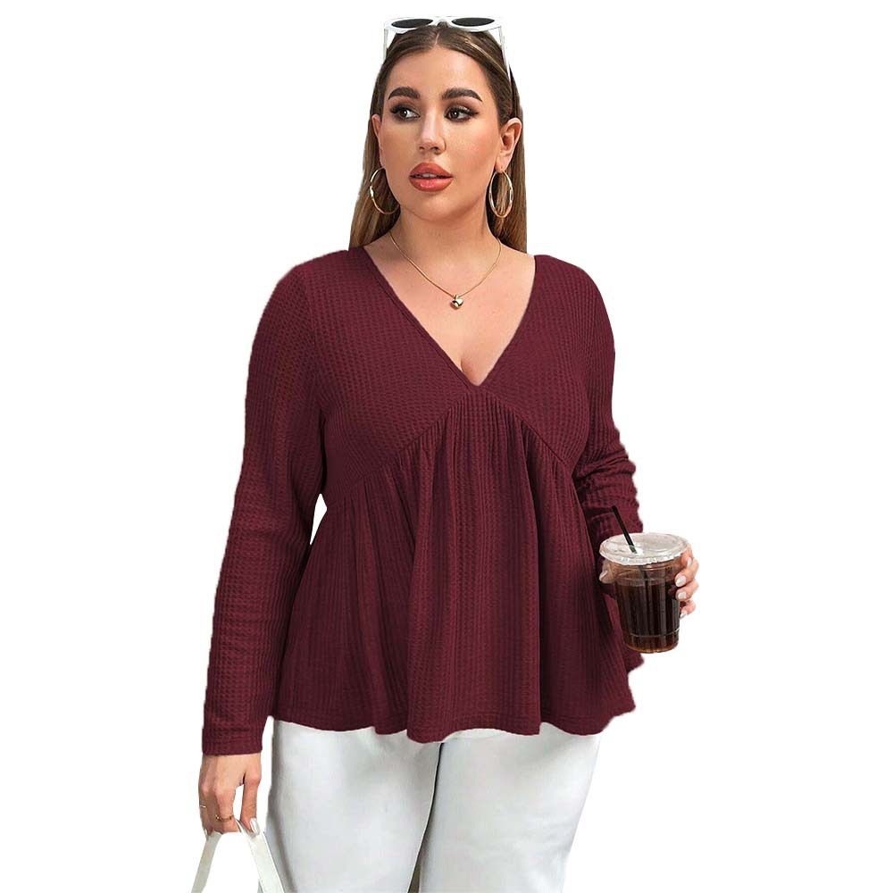 Plus Size Womens V-neck Wine Red T-shirt Autumn and Winter Casual Simple and Versatile Design Top