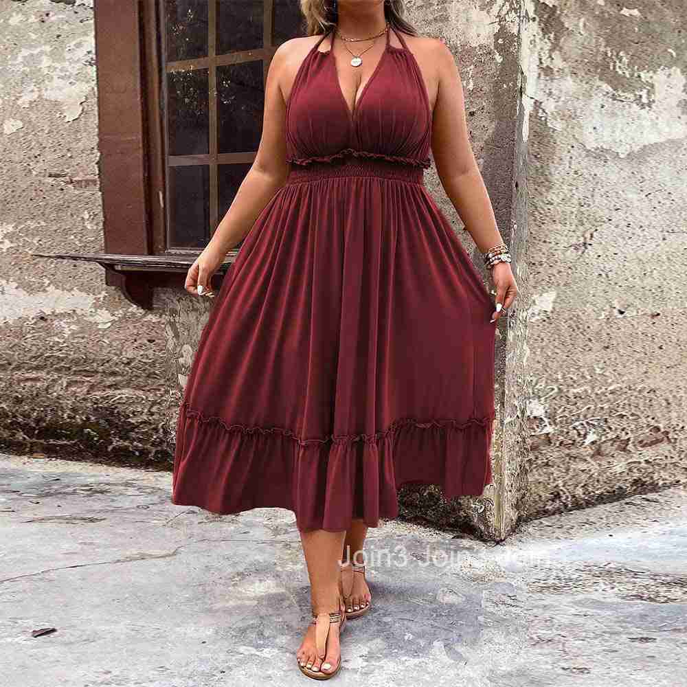 Plus Size Womens Roman Vacation Style Dress Summer New V-neck Hanging Neck Mid Length Skirt