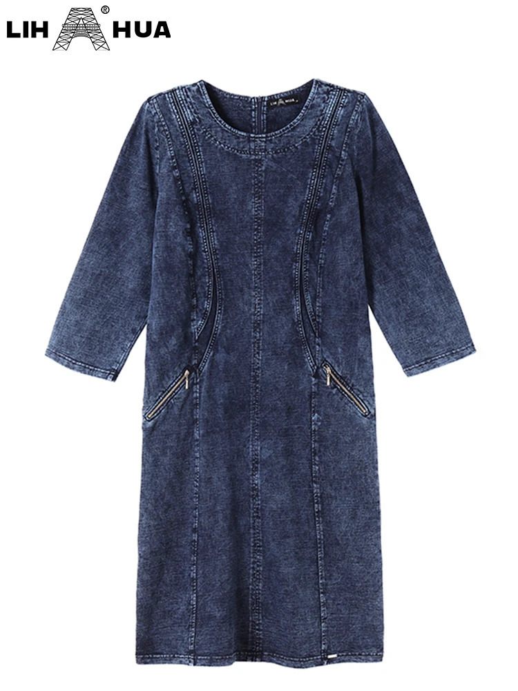 LIH HUA Womens Plus Size Denim Dress Fall Casual Fashion High Stretch Cotton Knit Dress with Pockets 250515
