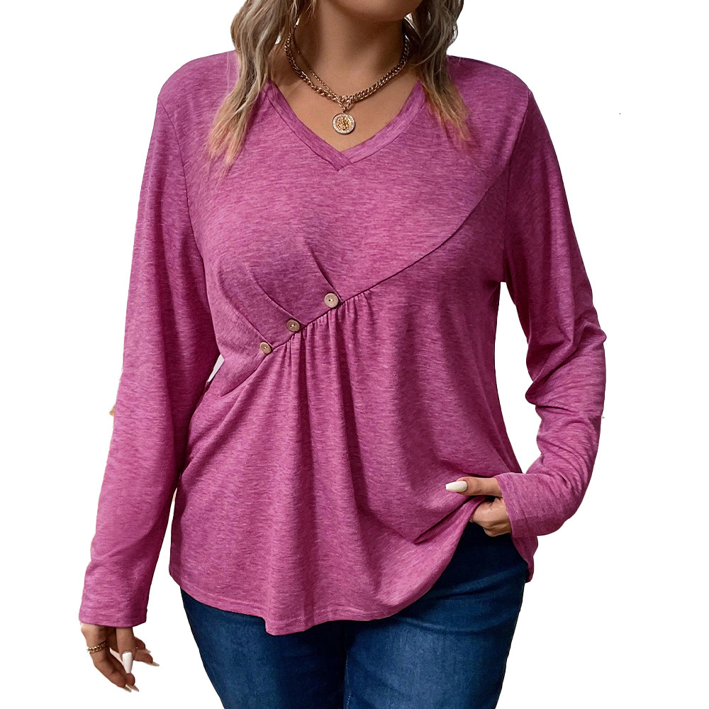 Large Size Womens French V-neck Long Sleeved T-shirt with a Cinched Waist and Short Base Pleated and Slim Fit Top